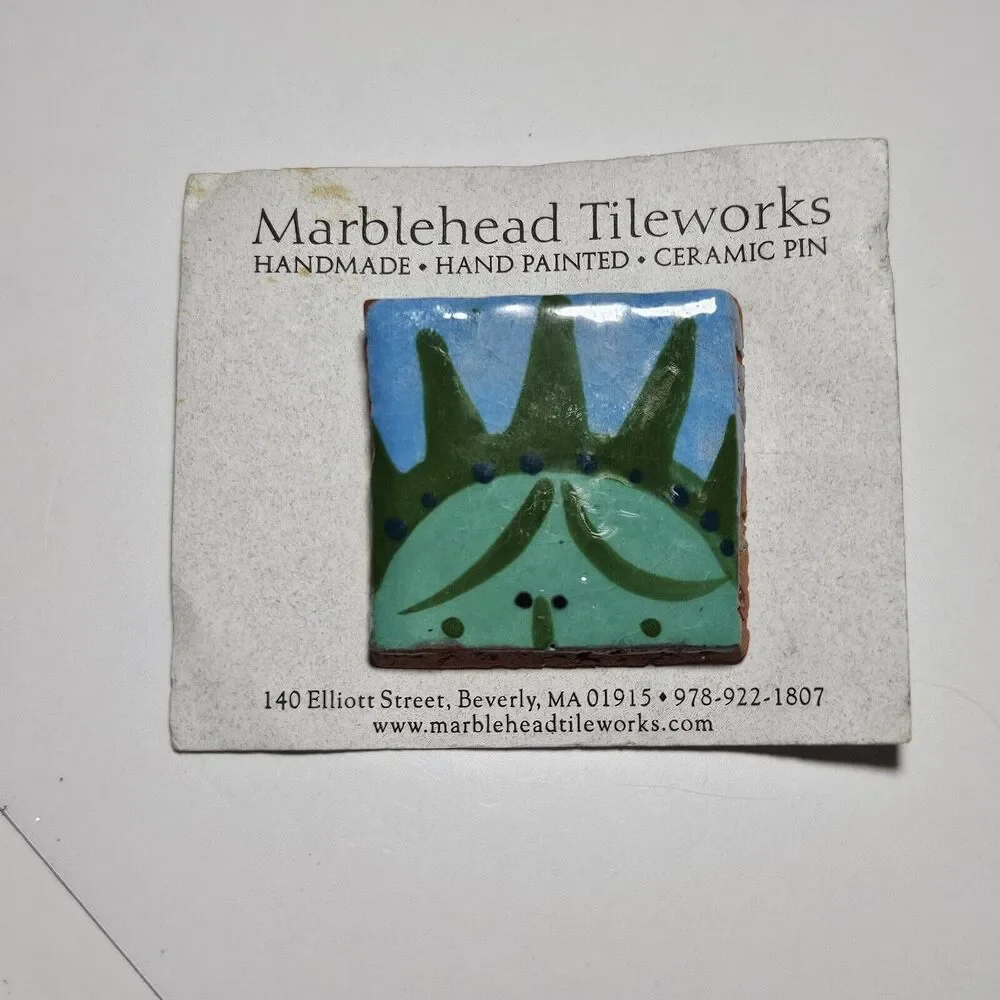 Marblehead Tileworks Green And Blue Painted Tile Brooch